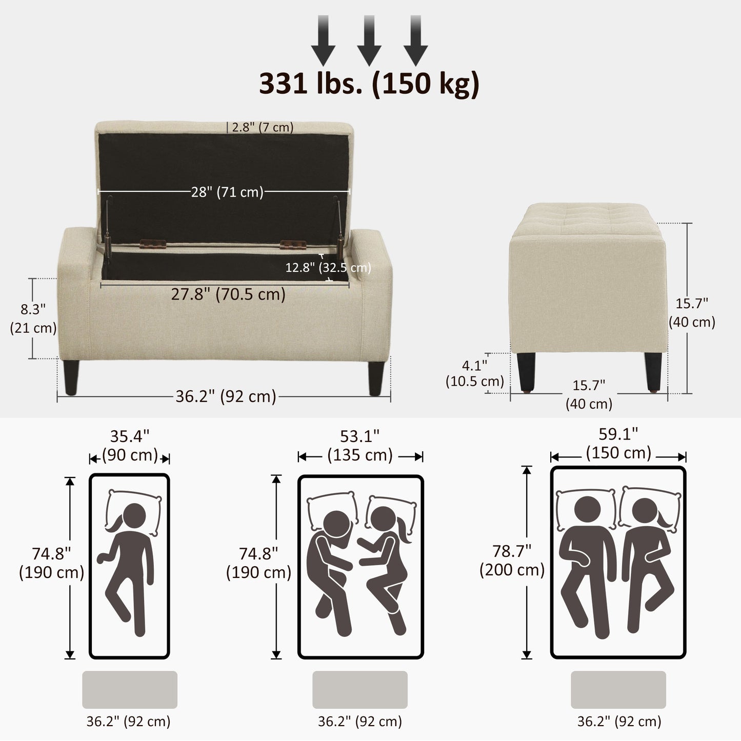 36" Storage Ottoman Bench, Linen-Look Fabric End of Bed Bench with Solid Wood Frame and Legs, Tufted Storage Chest, Foot