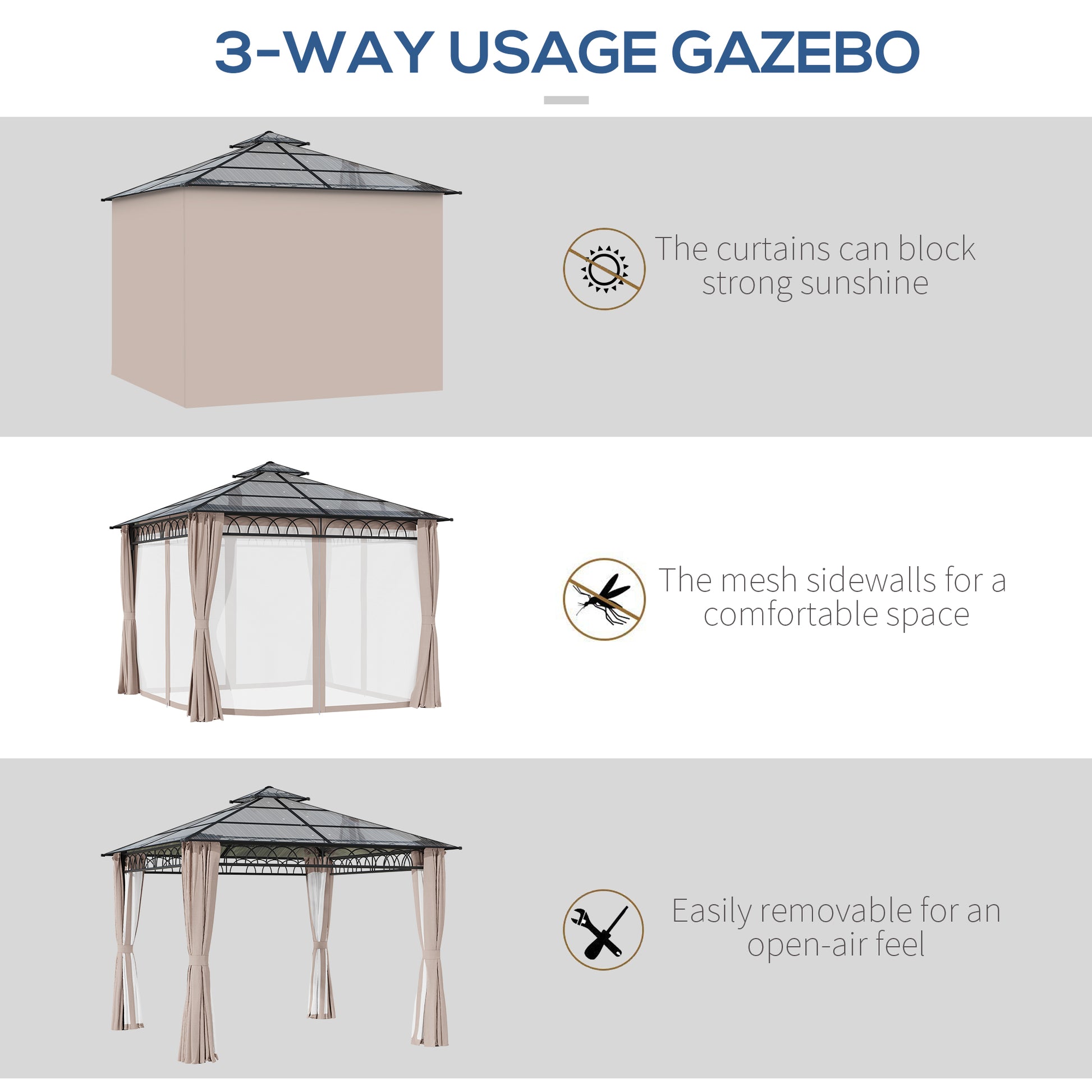 10' x 10' Outdoor Hardtop Gazebo Canopy w/ Double PC Roof, Steel Frame, Nettings, Curtains for Garden Lawn Deck, Khaki