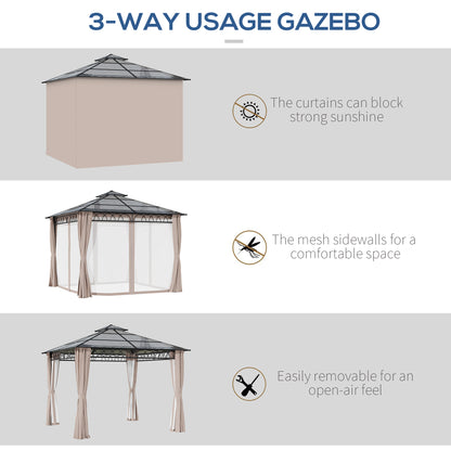 10' x 10' Outdoor Hardtop Gazebo Canopy w/ Double PC Roof, Steel Frame, Nettings, Curtains for Garden Lawn Deck, Khaki