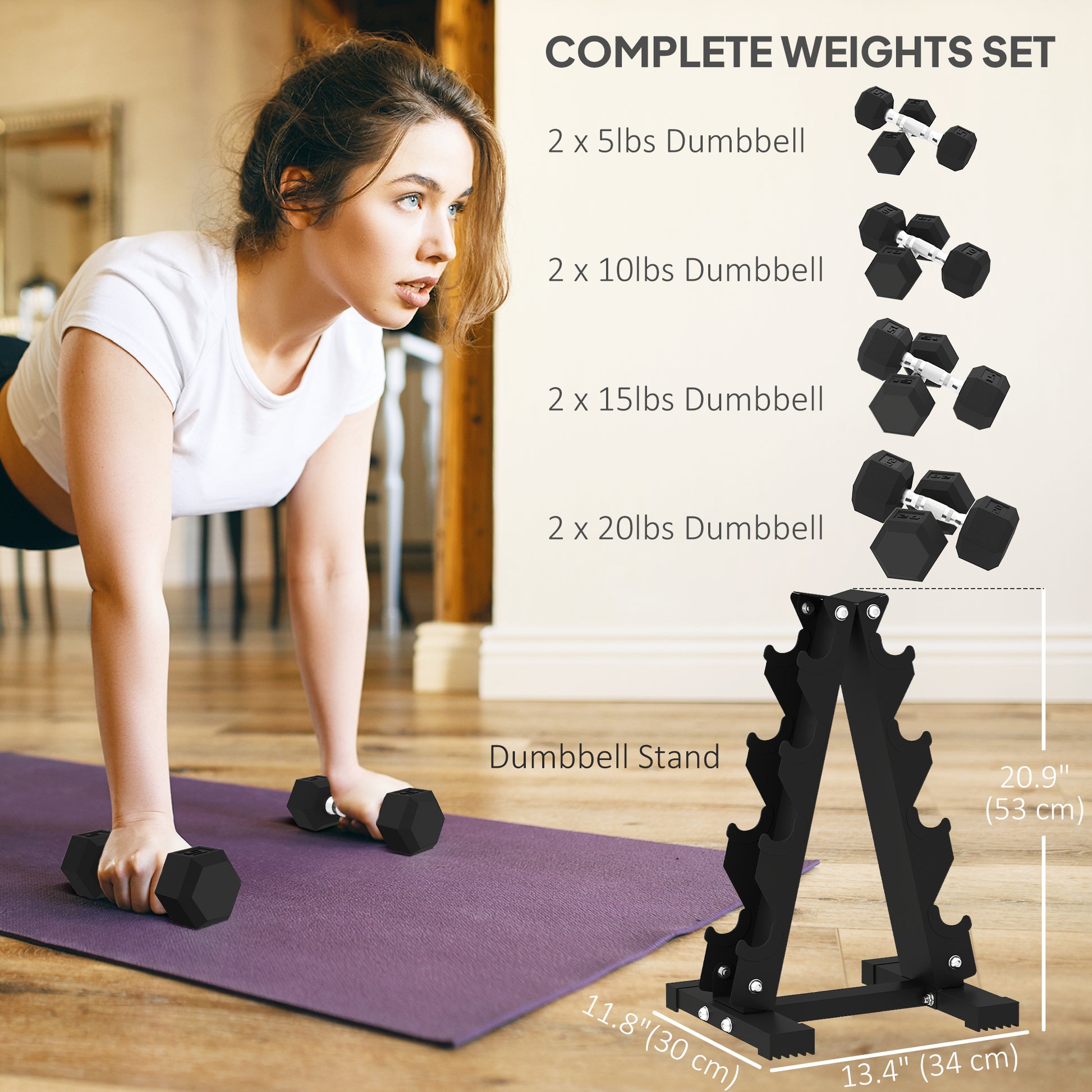 Soozier 100 LBS Hex Dumbbell Set with Rack, Rubber Coated Weights with Non-Slip Handles for Home Gym Strength Training