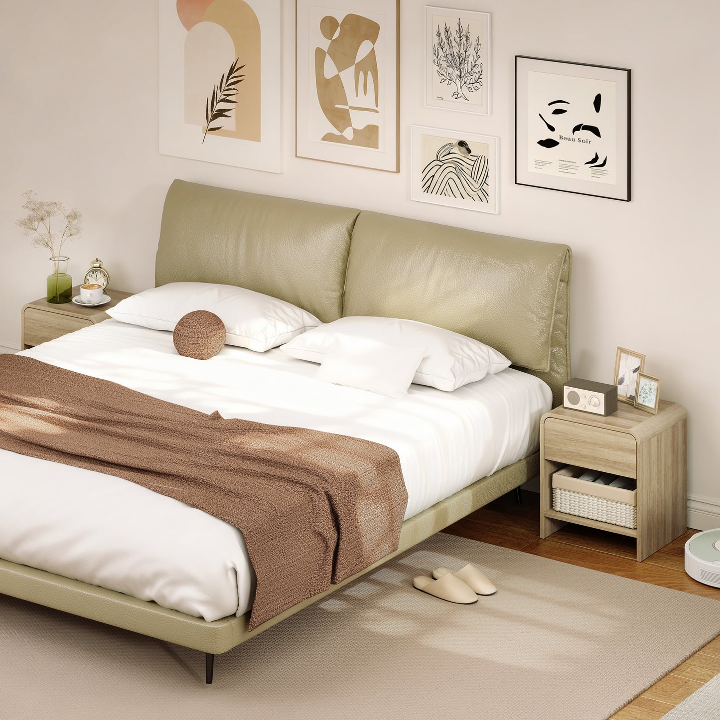 Nightstand Set of 2, Modern Bedside Table with Rounded Corners, Nightstand with Drawer and Open Shelf, Natural Wood