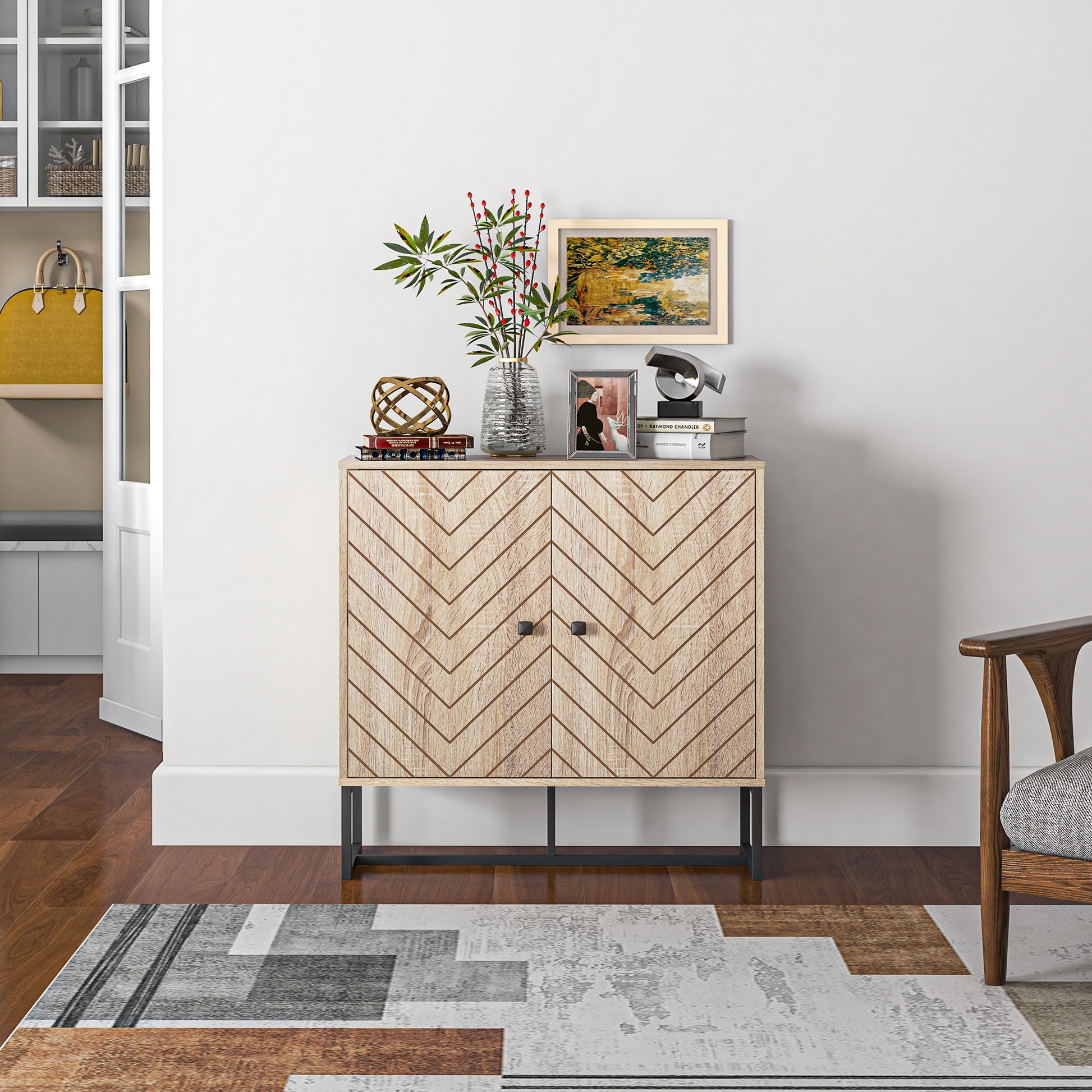 Modern Sideboard, Buffet Cabinet with 2 Chevron Doors and Adjustable Shelf, Kitchen Storage Cabinet with Steel Base, Cof
