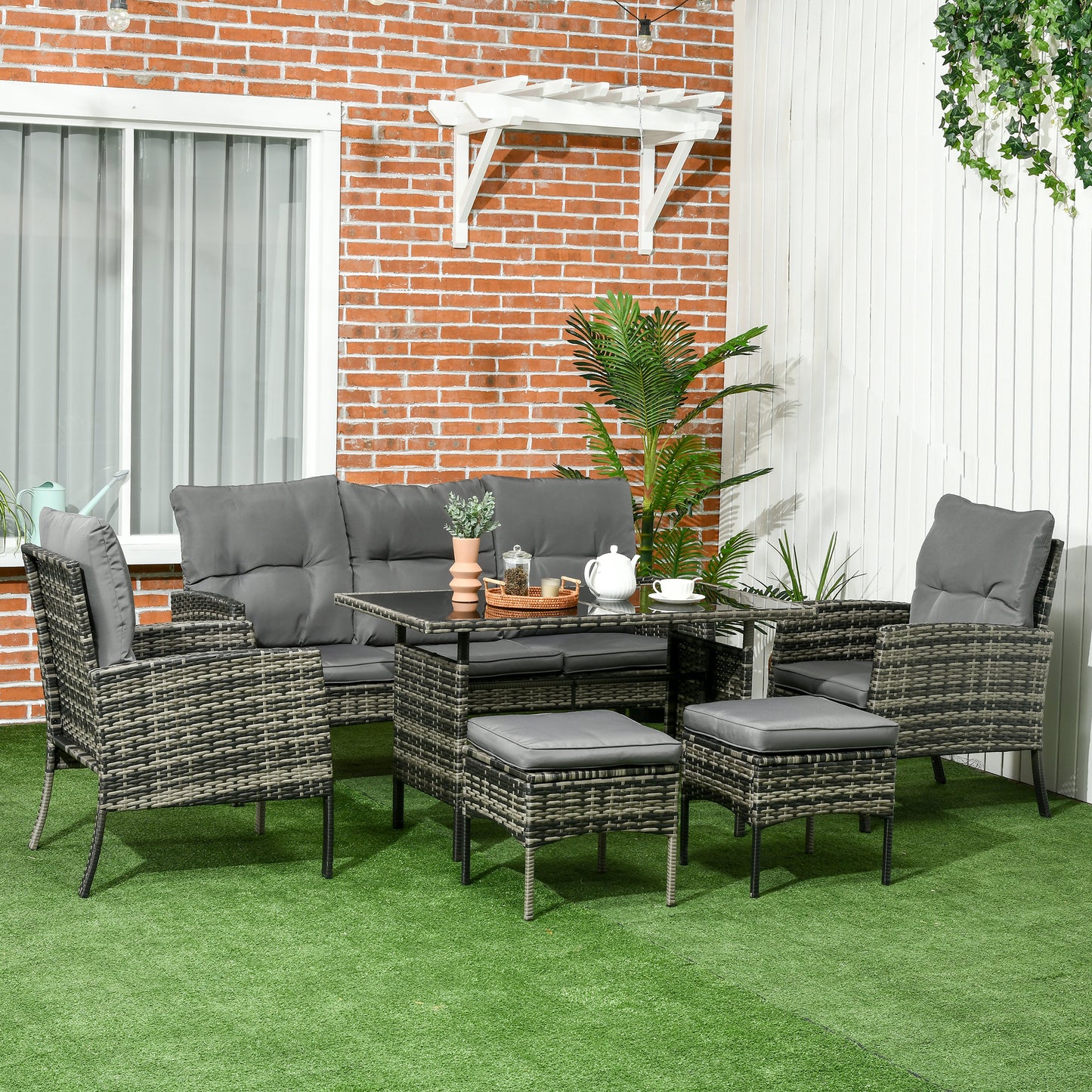 6-Piece Outdoor Patio Furniture Set with Chairs, Ottomans, Sofa, Glass Top Coffee Table and Cushions, Wicker Rattan Conv