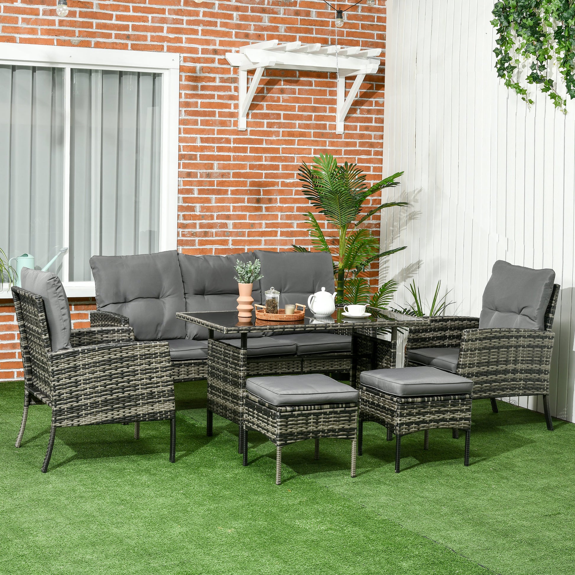 6-Piece Outdoor Patio Furniture Set with Chairs, Ottomans, Sofa, Glass Top Coffee Table and Cushions, Wicker Rattan Conv