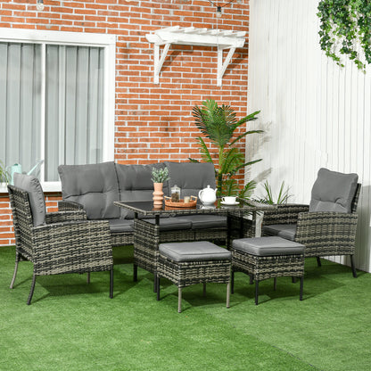 6-Piece Outdoor Patio Furniture Set with Chairs, Ottomans, Sofa, Glass Top Coffee Table and Cushions, Wicker Rattan Conv