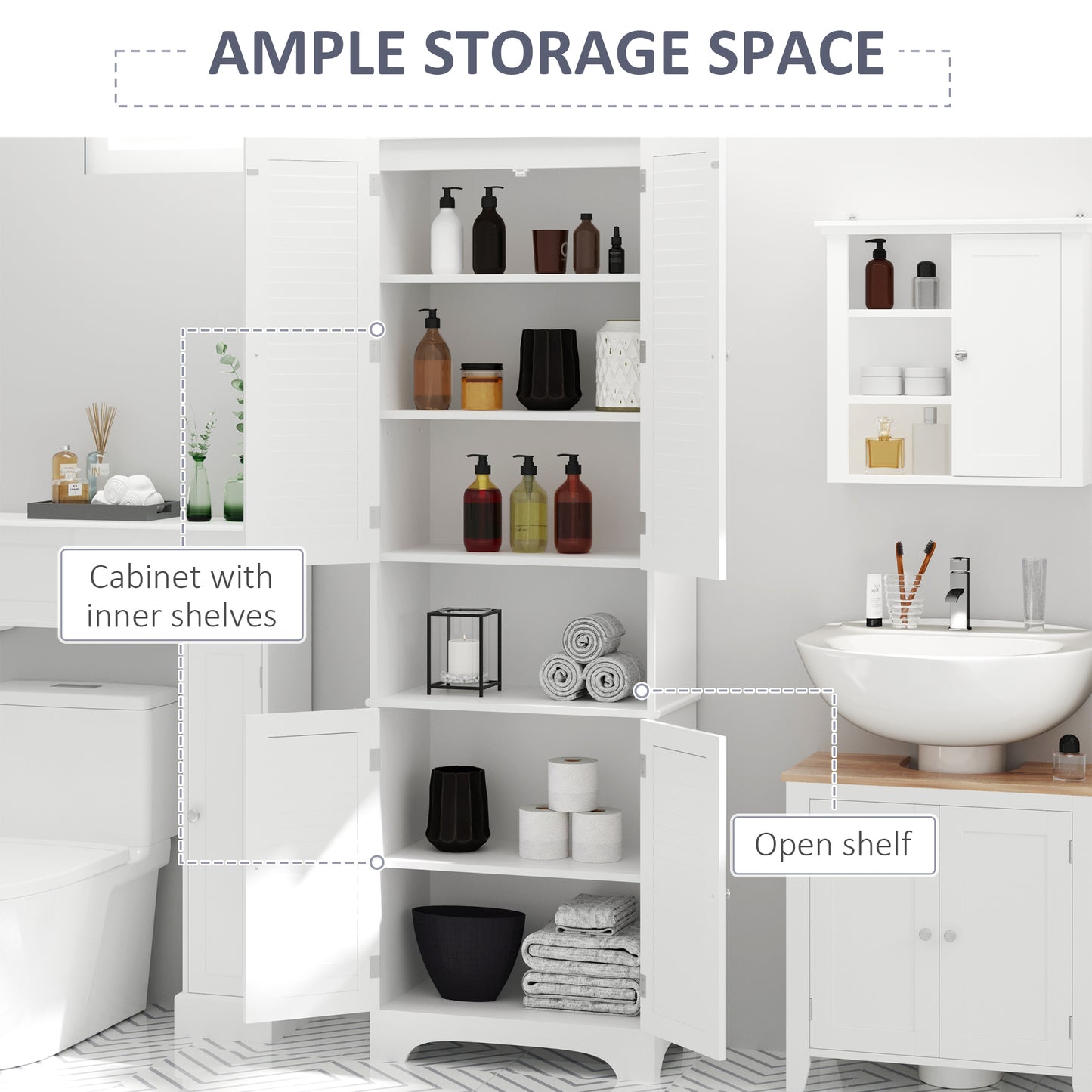 Tall Bathroom Storage Cabinet, Slim Bathroom Cabinet with 4 Shutter Doors and Adjustable Shelves, Toilet Vanity Cabinet,