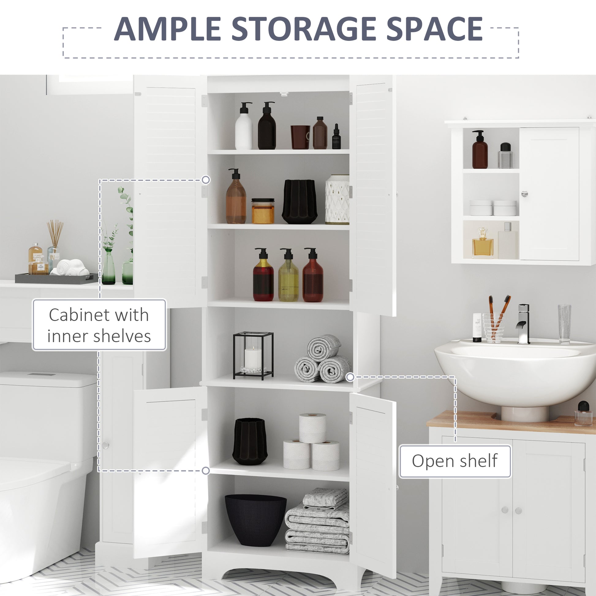 Tall Bathroom Storage Cabinet, Slim Bathroom Cabinet with 4 Shutter Doors and Adjustable Shelves, Toilet Vanity Cabinet,