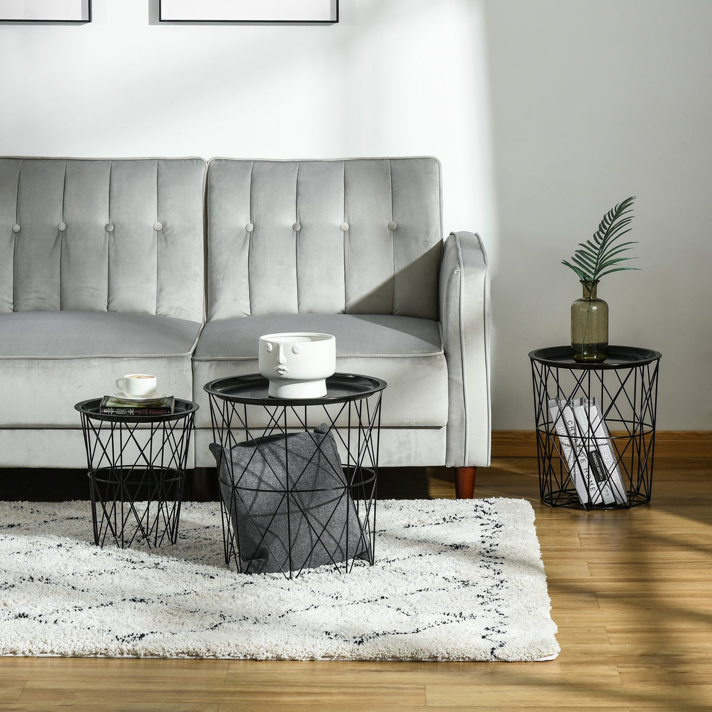 Set of 3 Nesting Coffee Tables with Storage, Round End Table with Removable Tray, Basket Side Tables with Metal Frame fo