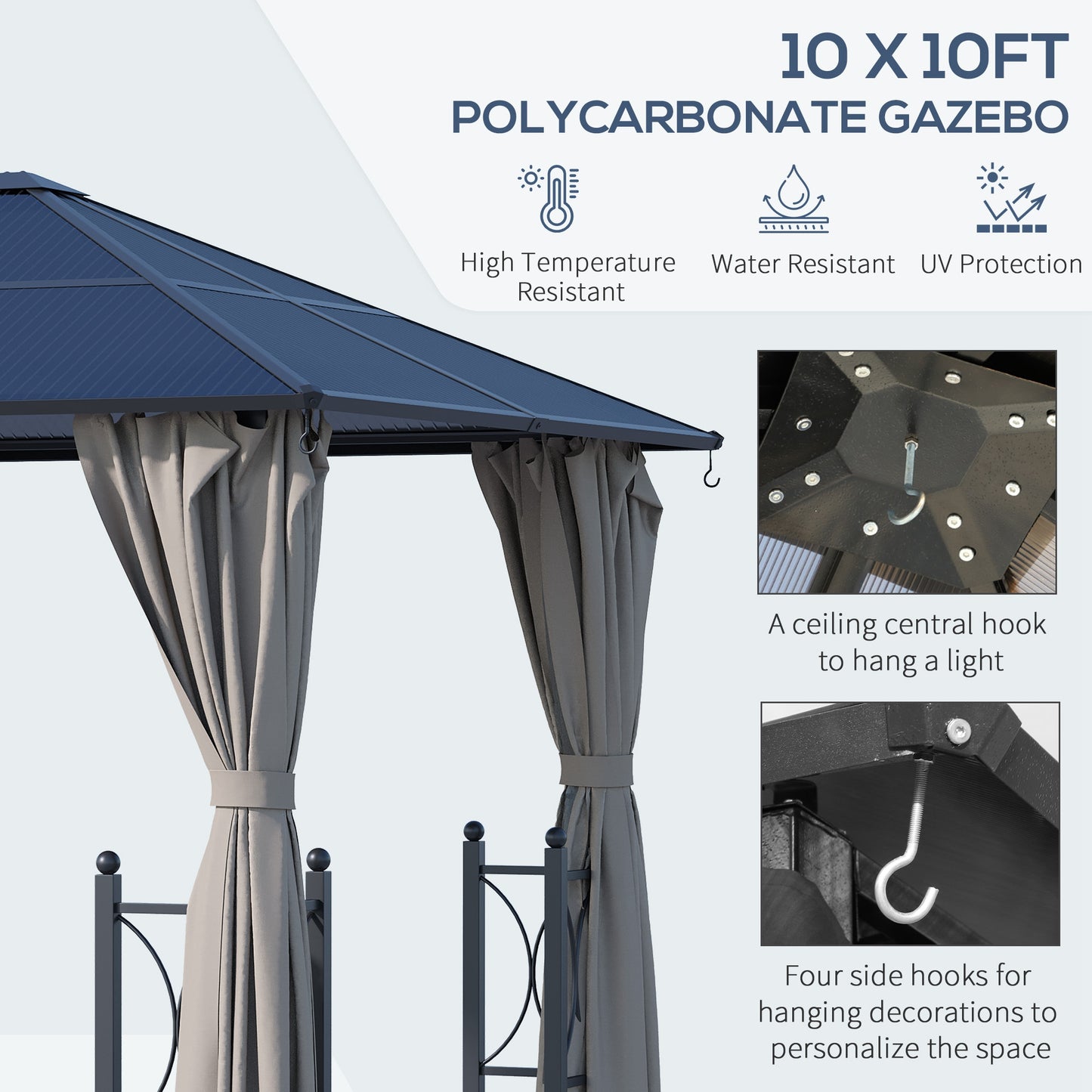 10' x 10' Hardtop Gazebo with PC Board Roof and Aluminum Frame, Patio Gazebo with Curtains and Netting for Party Wedding
