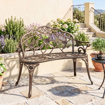 40" Outdoor Garden Bench, Cast Aluminum Antique Rose Style Patio Garden Park Loveseat Bench for Backyard, Porch, Balcony