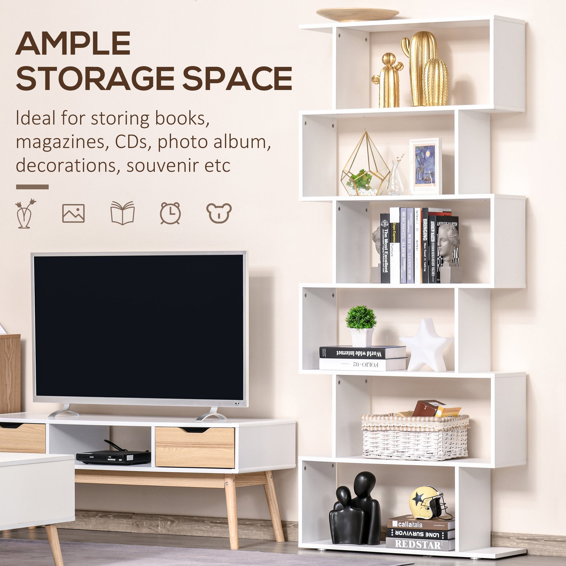 76" 6-Tier Geometric Wooden Bookcase S Shaped Storage Display Bookshelf Modern shelf Open Concept Living Room Home Offic