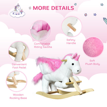 Qaba Baby Rocking Horse, Plush Animal Rocker for Toddlers Aged 18-36 Months, Stuffed Ride Toy with Sounds, Seat Belt, Wh