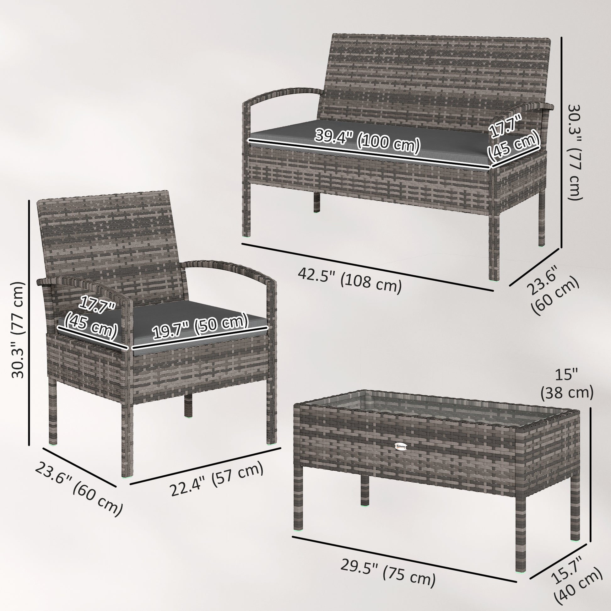 4 Pieces Patio Furniture Set with A Loveseat, Two Armchairs and A Coffee Table, Outdoor Conversation Set, Dark Grey