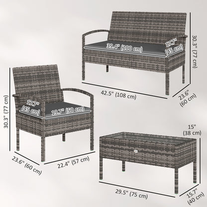 4 Pieces Patio Furniture Set with A Loveseat, Two Armchairs and A Coffee Table, Outdoor Conversation Set, Dark Grey