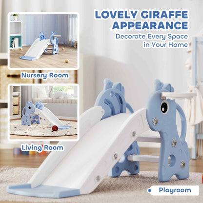 Qaba 3 in 1 Toddler Slide for Age 1-3, Kids Slide with Climber, Basketball Hoop and Ball, Giraffe Design, Blue