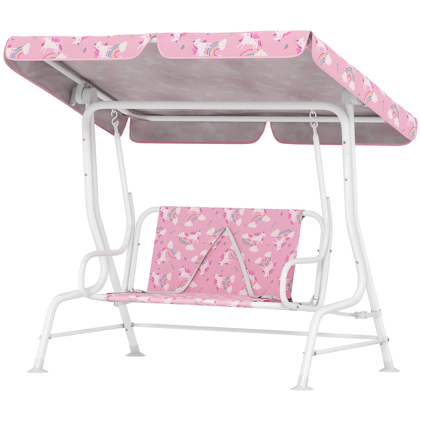 Qaba Kids Porch Swing, 2-Seater Patio Swing Bench with Safety Belts, Adjustable Canopy for Backyard, Garden, Pink
