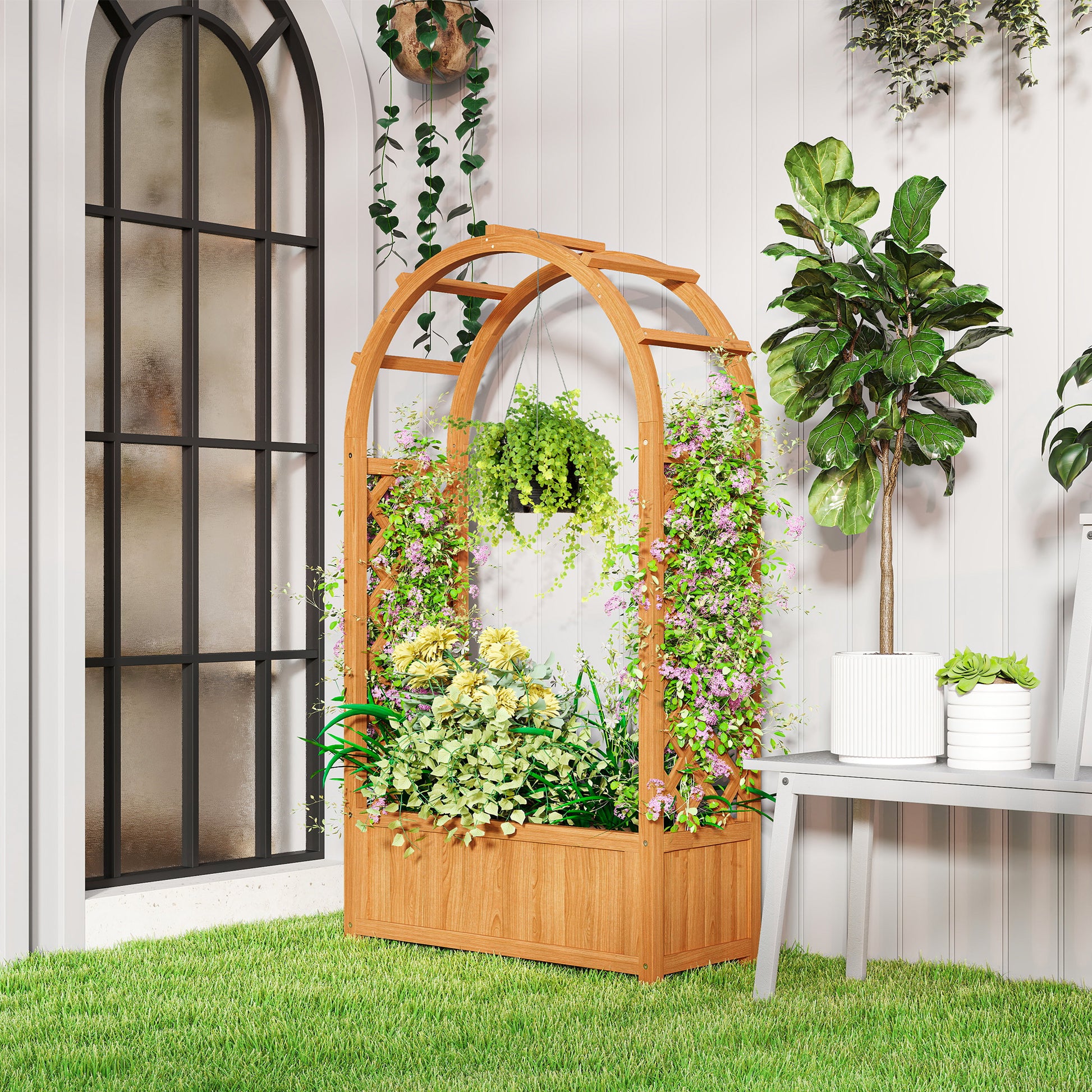 Wooden Raised Garden Bed with Arch Trellis, 33" x 14" x 57" Raised Planter Box with Drainage Holes, Trellis Planter for 