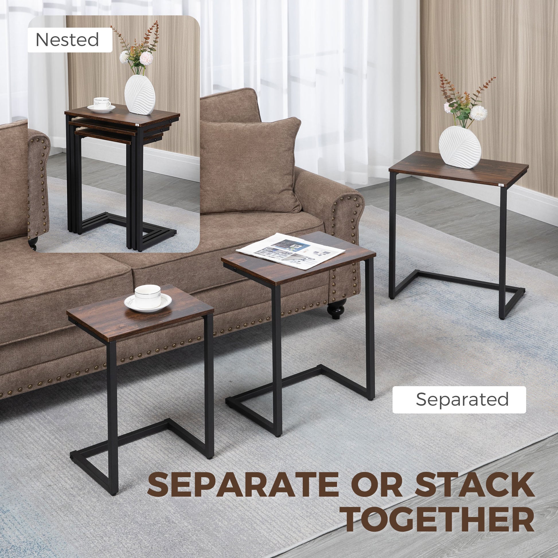 Nesting Coffee Table Set of 3, Stackable Rectangular End Tables with Wood-Effect Top, Metal Frame, Industrial & Rustic C