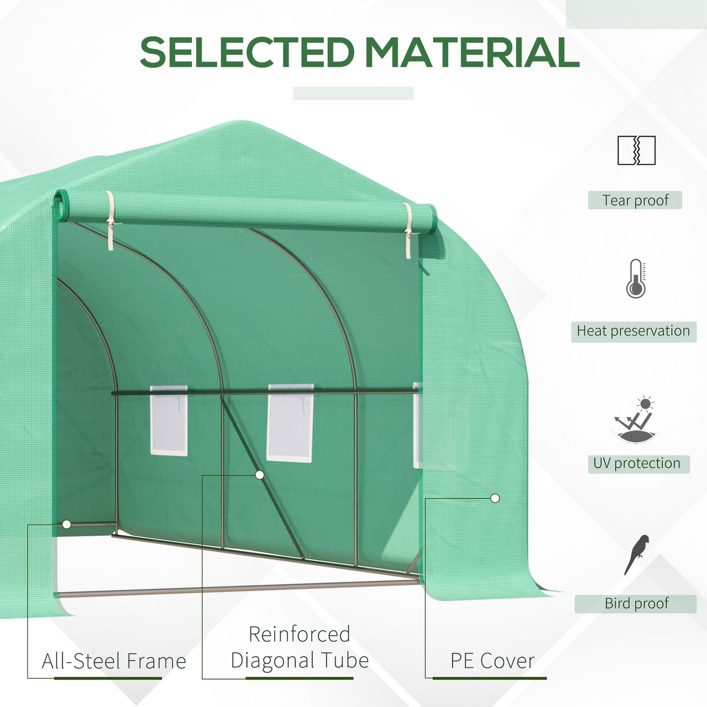 15' x 10' x 7' Walk-in Greenhouse Outdoor Plant Tunnel Warm Hot House w/ Roll Up Door and 6 Mesh Windows, Steel Frame, G