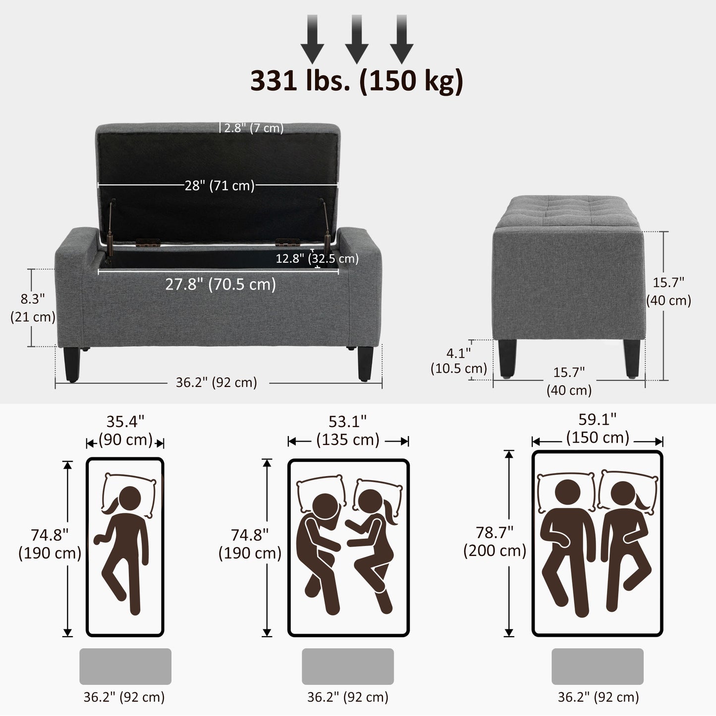 36" Storage Ottoman Bench, Linen-Look Fabric End of Bed Bench with Solid Wood Frame and Legs, Tufted Storage Chest, Foot