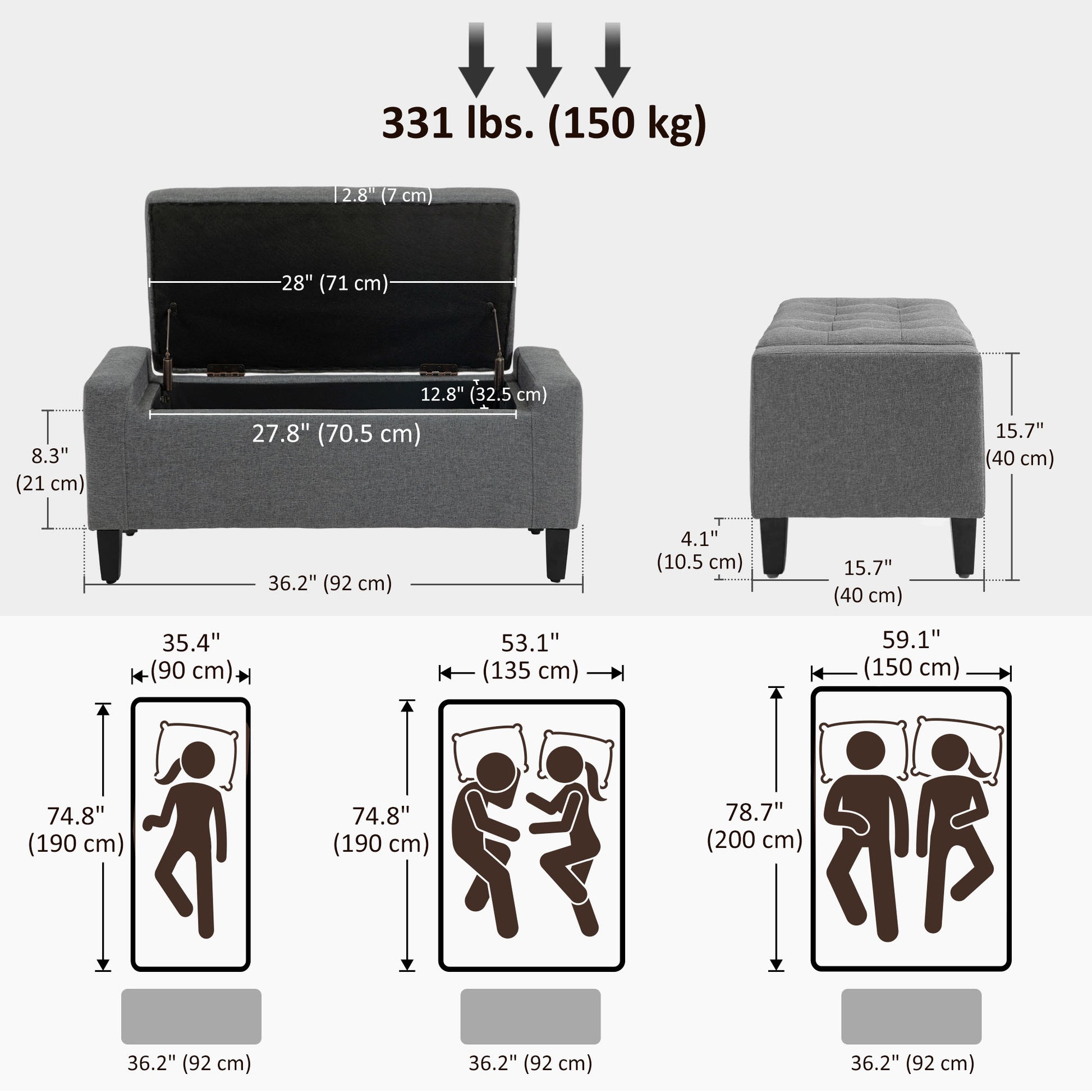 36" Storage Ottoman Bench, Linen-Look Fabric End of Bed Bench with Solid Wood Frame and Legs, Tufted Storage Chest, Foot