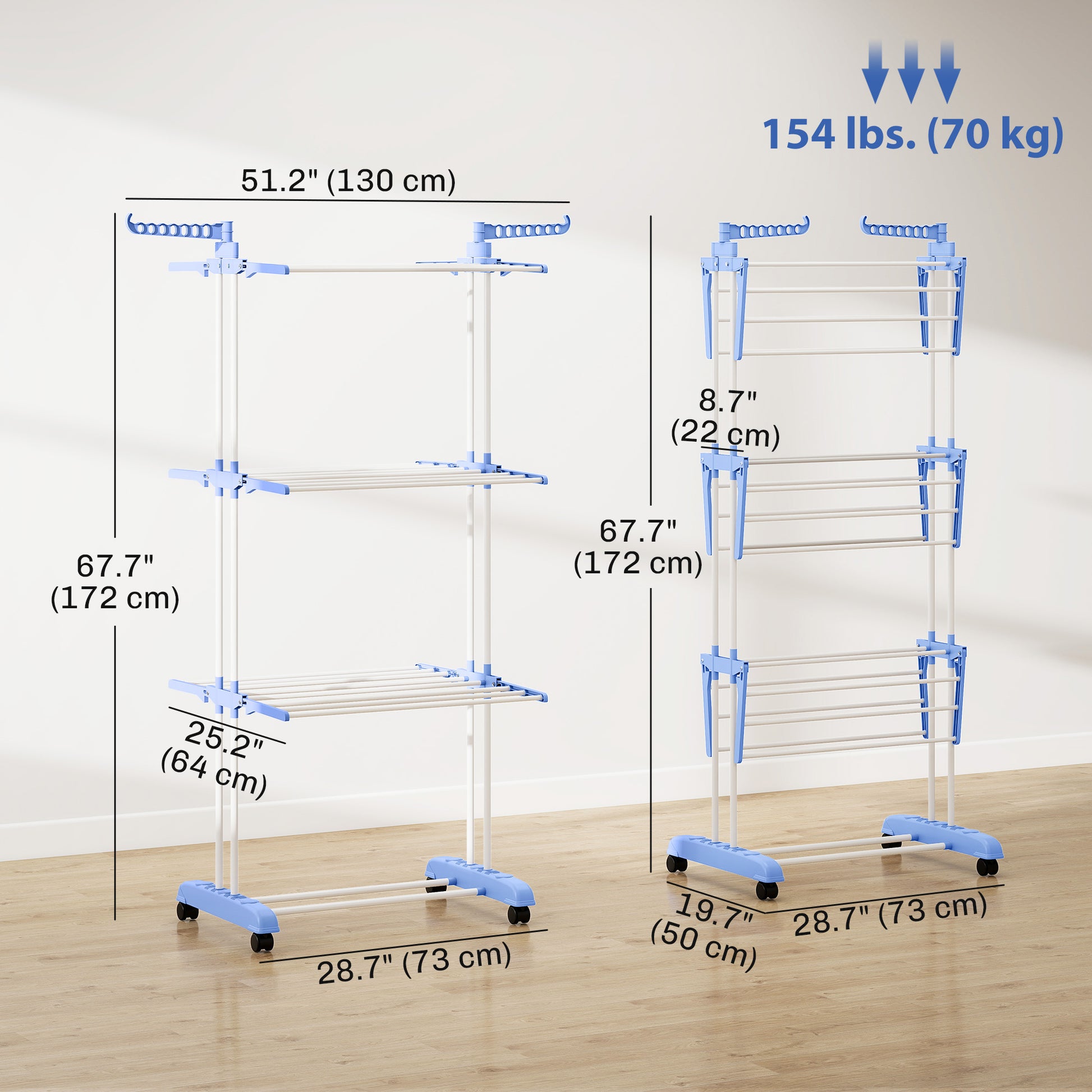 Foldable Clothes Drying Rack, 4-Tier Steel Laundry Rack for Drying Clothes with 2 Side Wings and 4 Castors, Indoor and O