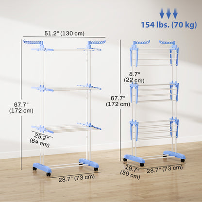 Foldable Clothes Drying Rack, 4-Tier Steel Laundry Rack for Drying Clothes with 2 Side Wings and 4 Castors, Indoor and O