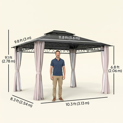 10' x 12' Outdoor Gazebo Canopy, Double Roof Hardtop Gazebo with Polycarbonate Roof, Steel Frame, Nettings and Curtains,