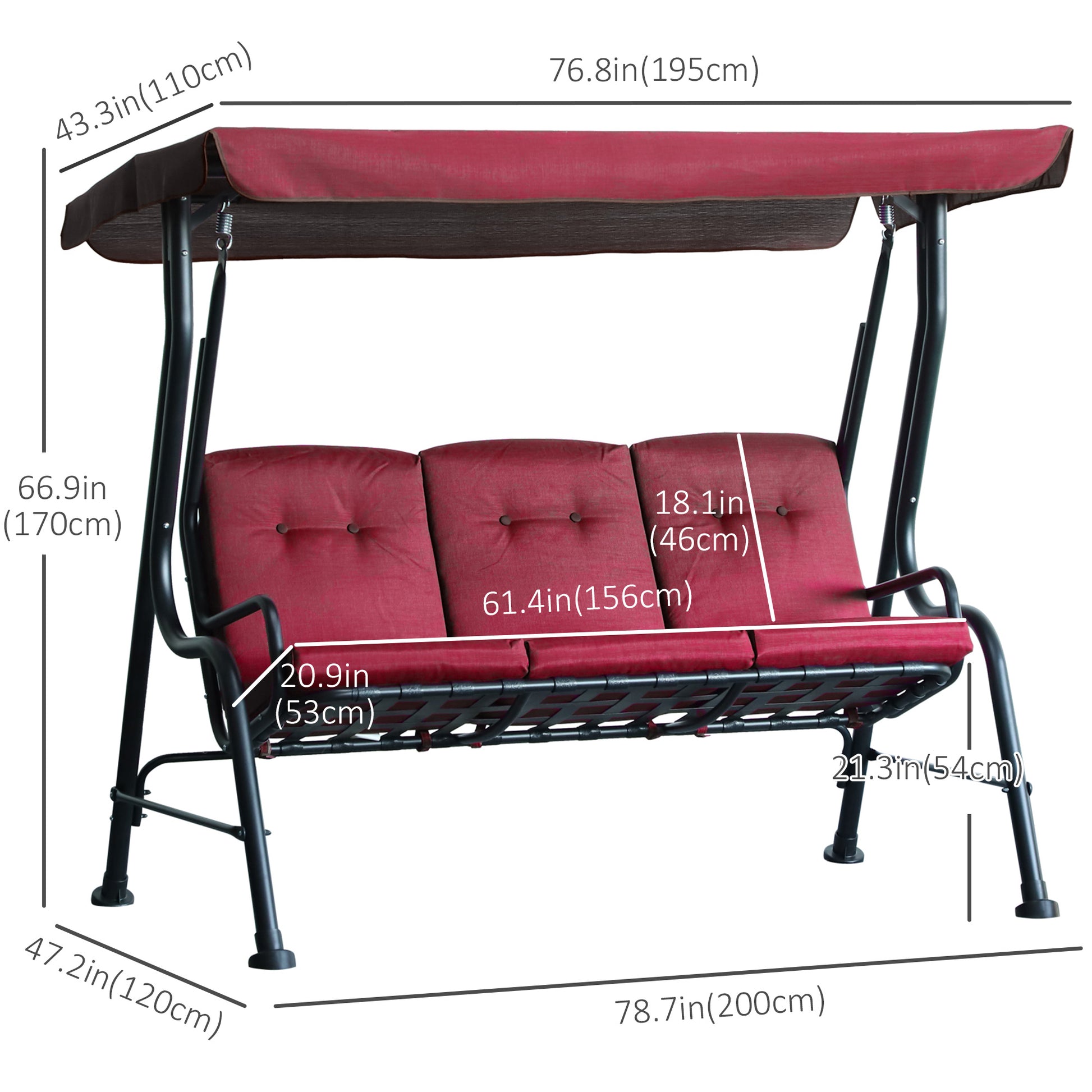3-Person Porch Swing Chair, Patio Swing Bench with Adjustable Canopy, Removable Thicken Cushion and Weather Resistant St