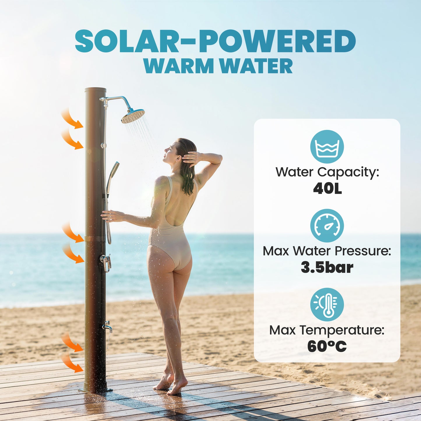 10.6 Gal Solar Heated Shower, 7.2 FT Outdoor Shower with 2 Shower Heads, Adjustable Temperature, Foot Faucet