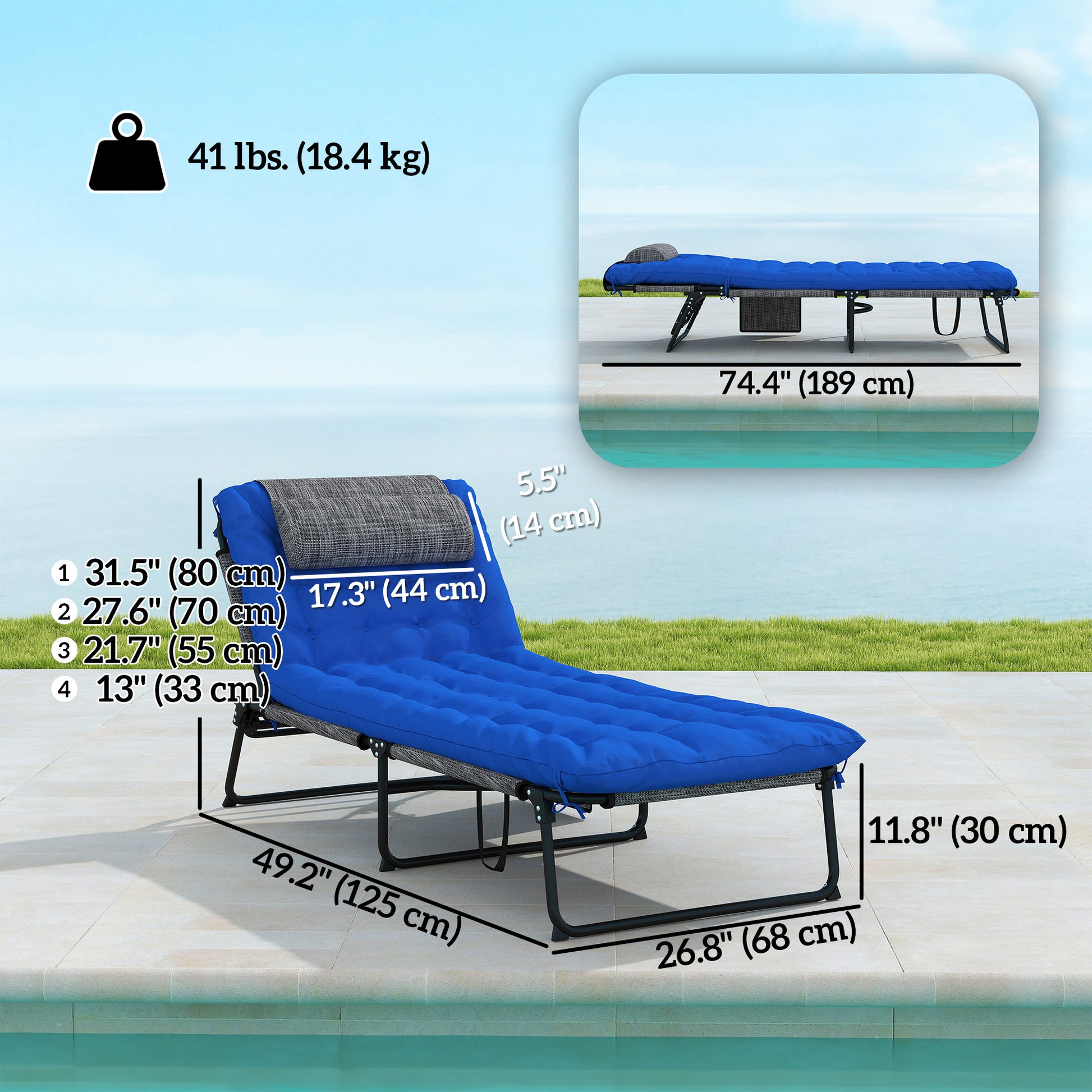 2 Pieces Folding Lounge Chairs with 4-level Reclining Back, Outdoor Tanning Chair with Cushion, Sun Lounger with Breatha