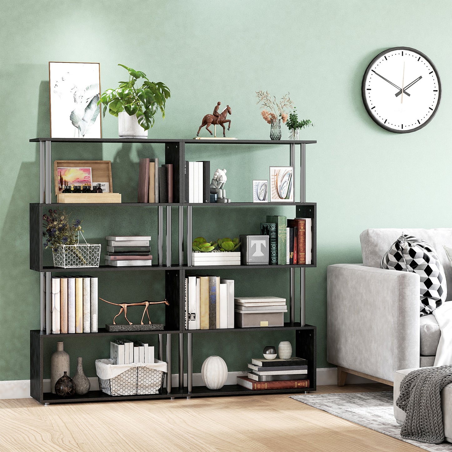 5-Tiers Geometric Wooden Bookcase S-Shaped Storage Bookshelf Display with Metal Frame for Living Room, Bedroom, Home Off
