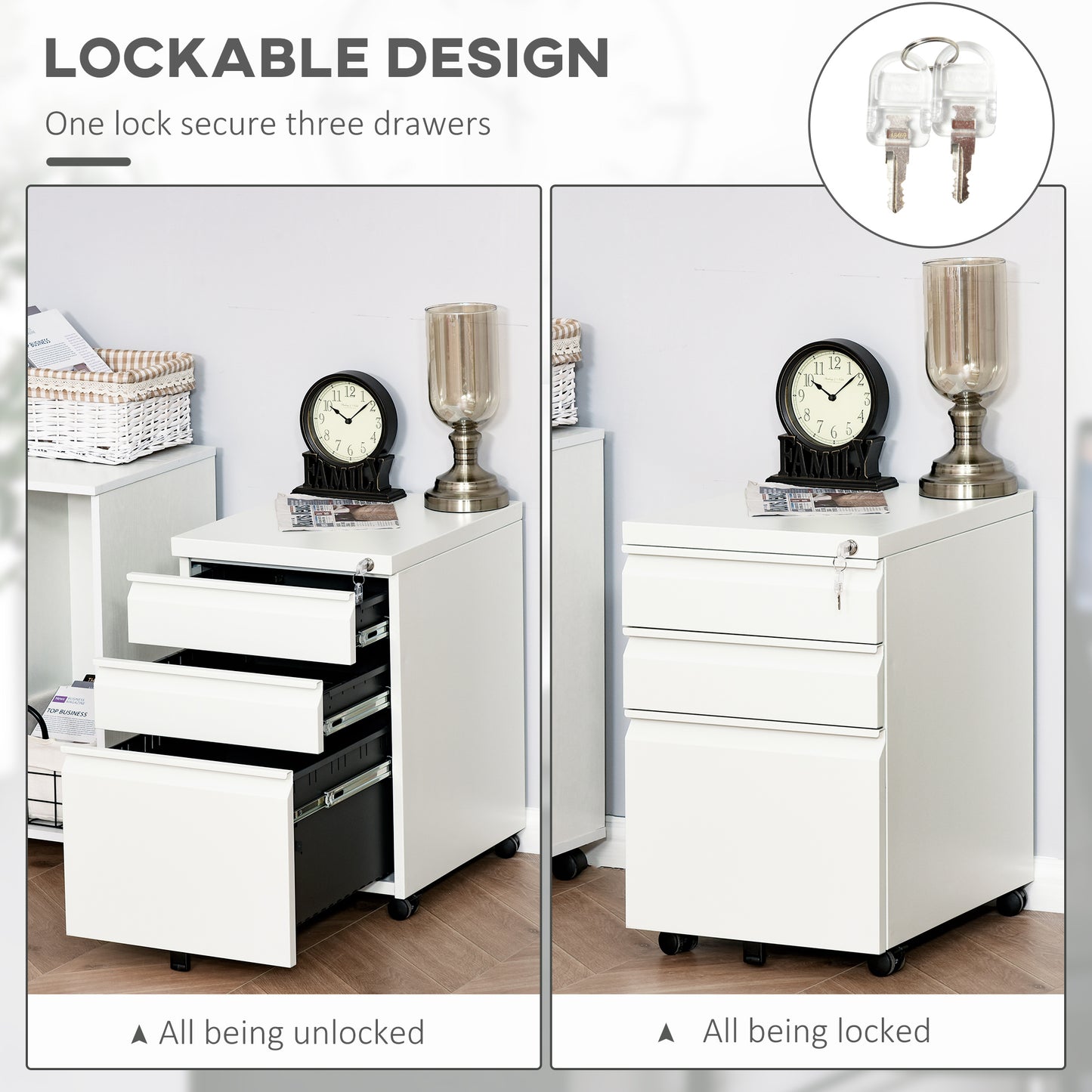 3 Drawer Filing Cabinet, Lockable Office Storage Cabinet on Wheels for Legal, Letter, A4 Files, White