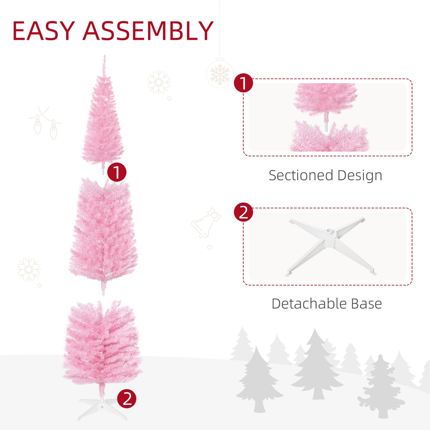7' Pencil Christmas Tree, Slim Artificial Xmas Tree with Realistic Branches, Sturdy Metal Stand, Pink