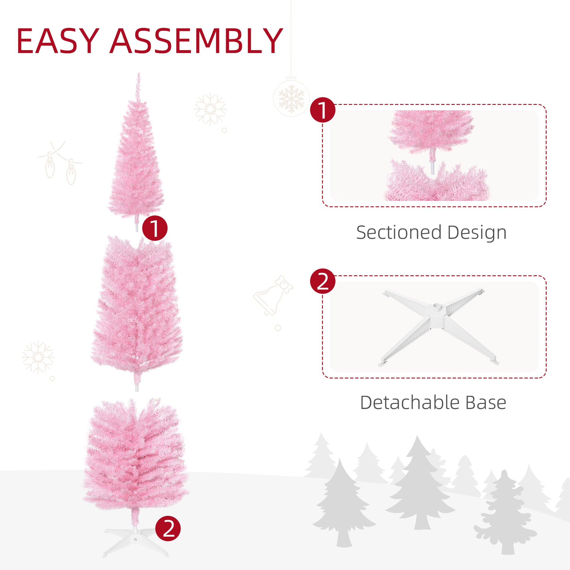 7' Pencil Christmas Tree, Slim Artificial Xmas Tree with Realistic Branches, Sturdy Metal Stand, Pink