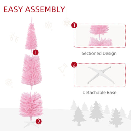 7' Pencil Christmas Tree, Slim Artificial Xmas Tree with Realistic Branches, Sturdy Metal Stand, Pink