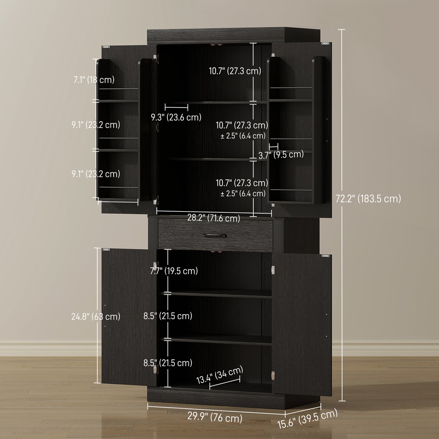 72" Kitchen Pantry Cabinet, Farmhouse Kitchen Storage Cabinet with 4 Barn Doors, 6 Door Shelves, Drawer, Black