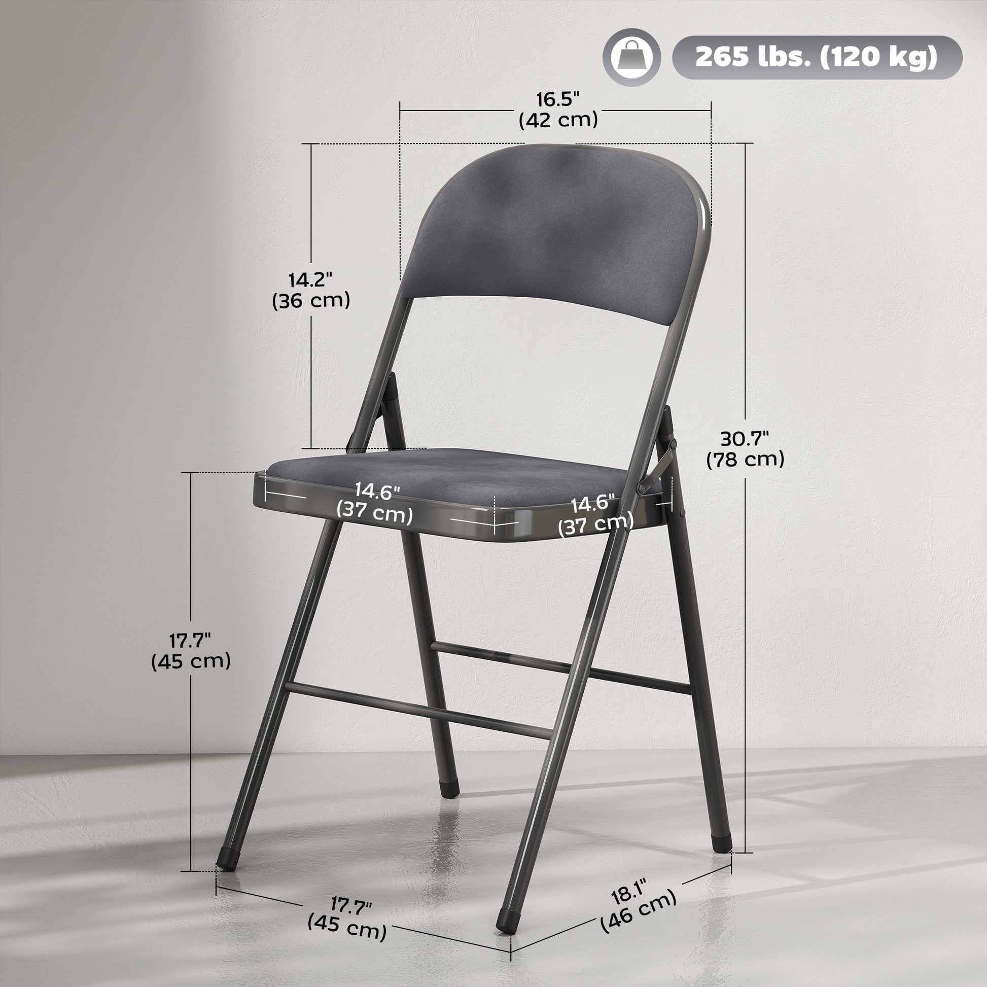4 Pack Folding Chairs with Padded Seats, Velvet Portable Party Chairs with Steel Frame, Dark Grey