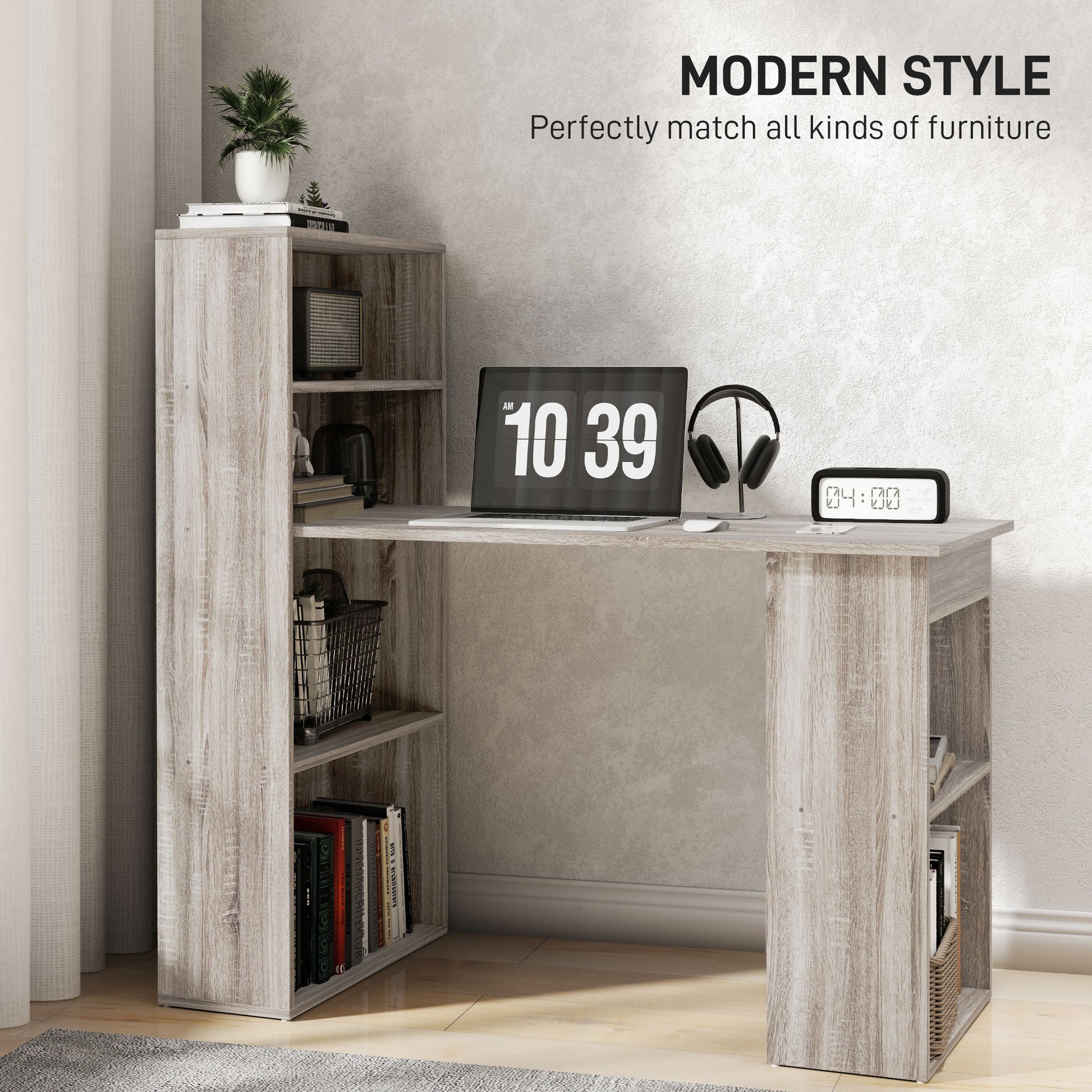 Computer Desk with Storage, PC Table with Bookshelf for Home Office, Study Room, Oak