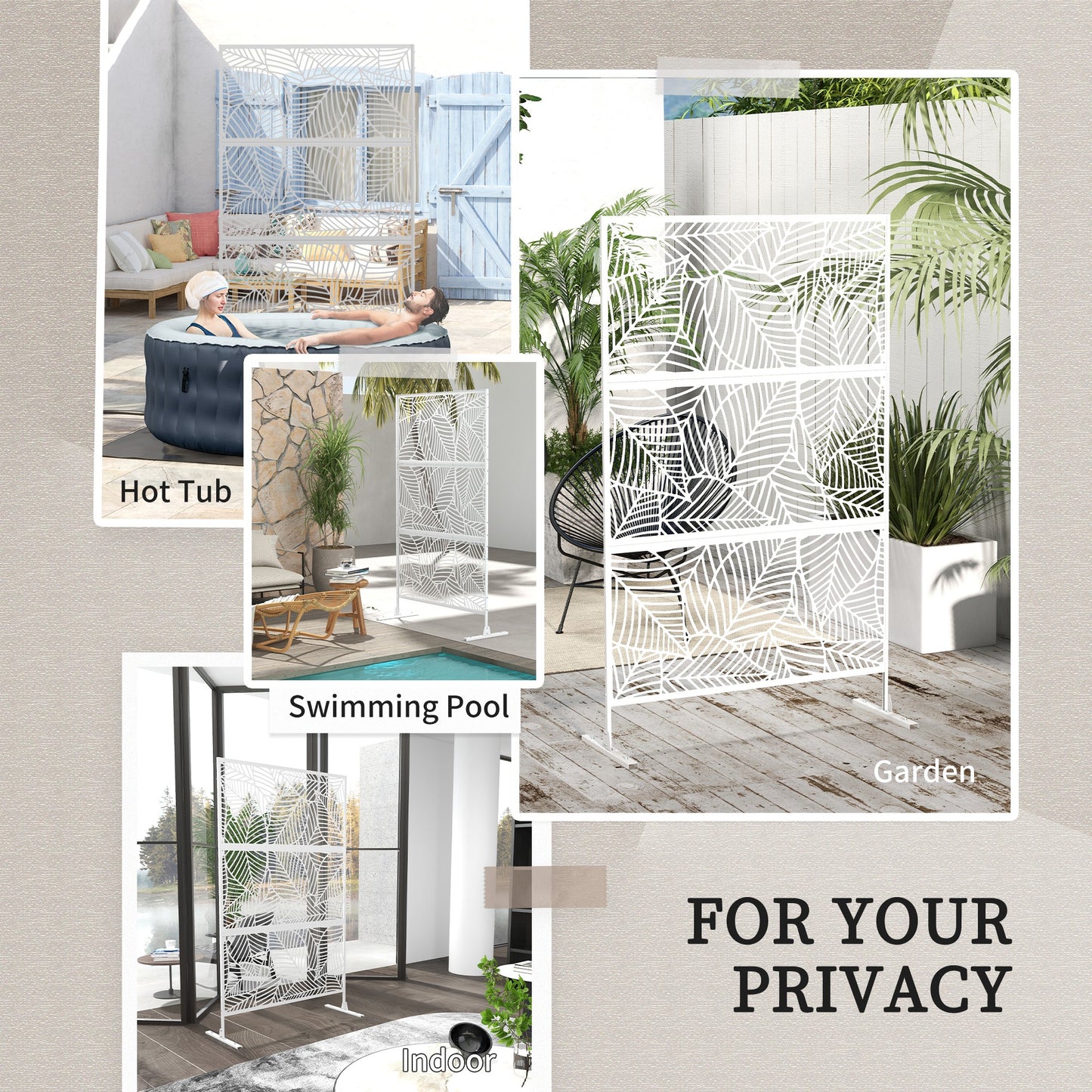 6.5FT Decorative Outdoor Divider, Metal Privacy Screen with Stand, Large Leaf Style, White