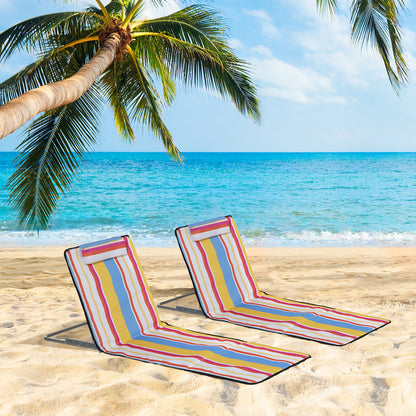 Set of 2 Beach Lounge Chair Sun Lounger Beach Mat, Padded Folding Ground Mat Lounge Chair w/Adjustable Back, Steel Frame