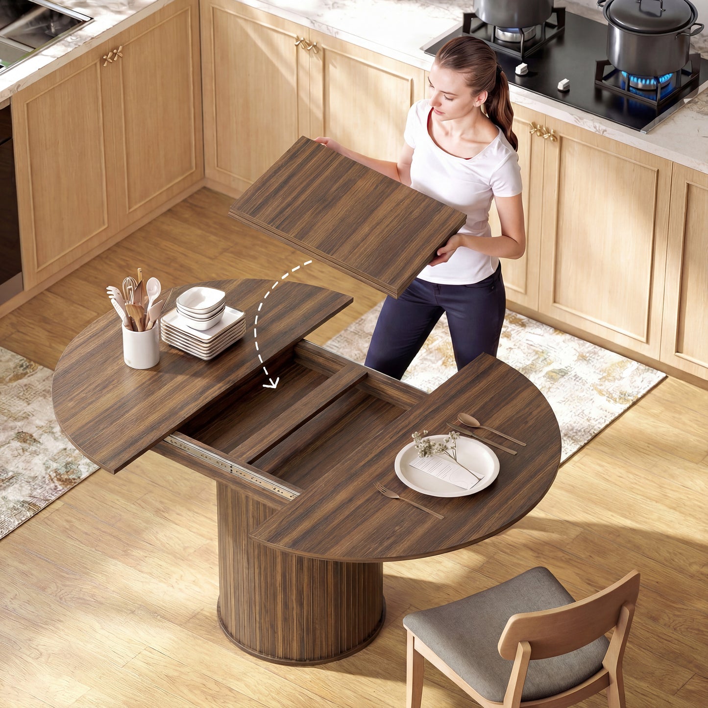 Extendable Kitchen Table for 6-8, 43.5"-59" Farmhouse Dining Table with Pedestal Base Walnut Wood Grain
