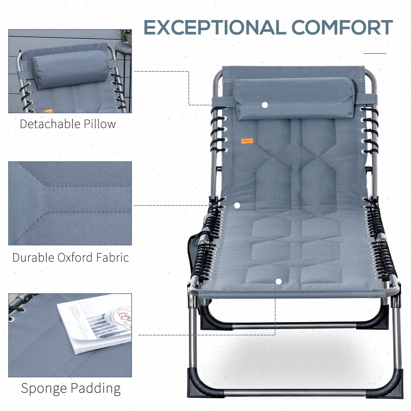 Outdoor Lounge Chair, Folding Chaise Lounge, Patio Padded Tanning Chair with 5-position Adjustable Backrest, Pillow and 