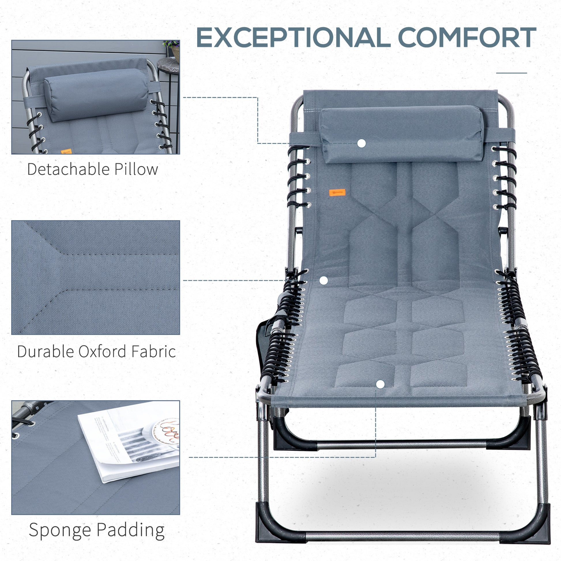 Outdoor Lounge Chair, Folding Chaise Lounge, Patio Padded Tanning Chair with 5-position Adjustable Backrest, Pillow and 