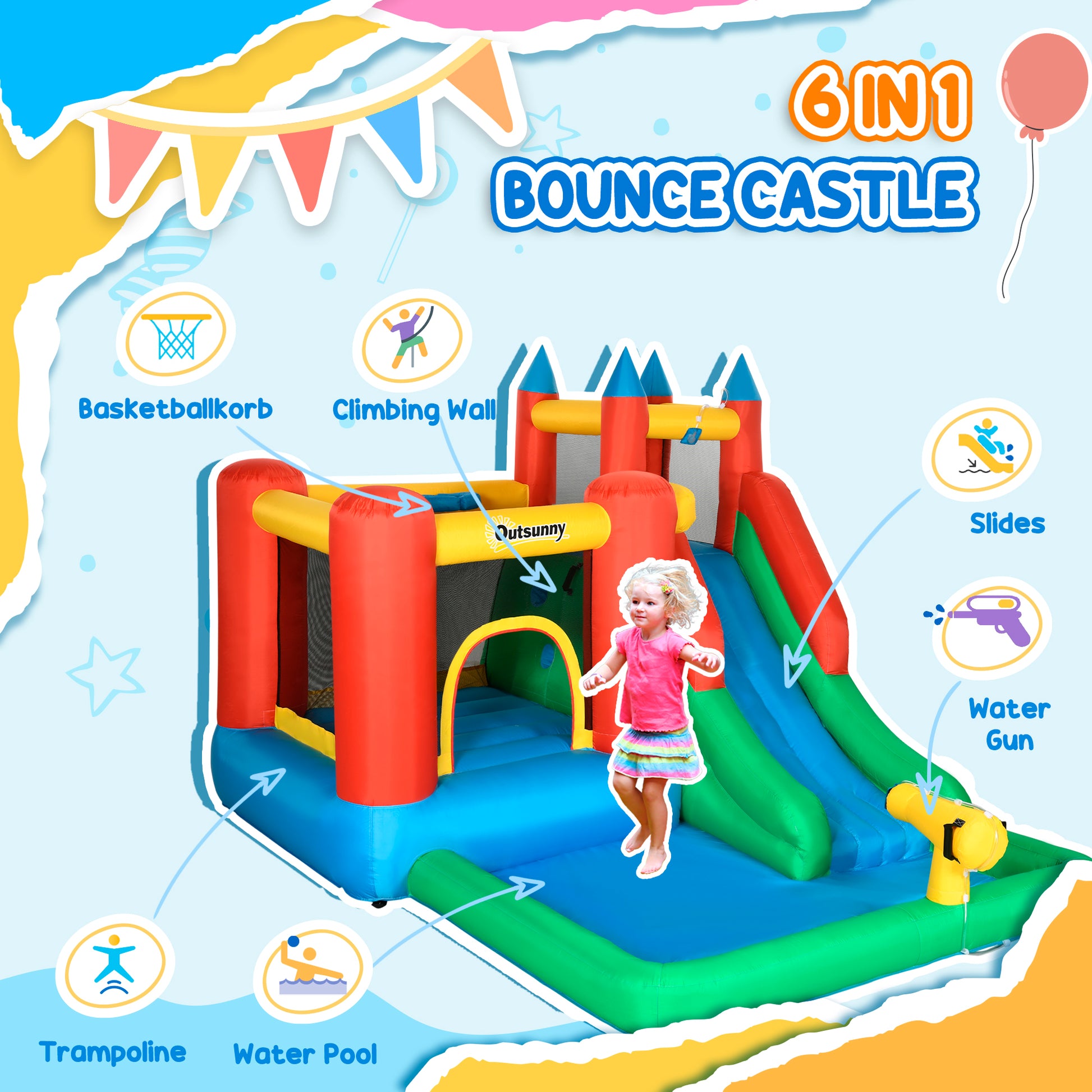 Kids Inflatable 6 in 1 Bouncy Castle House Trampoline Slide Water Pool Gun Climbing Wall Basket with Inflator for Kids A