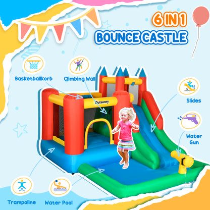 Kids Inflatable 6 in 1 Bouncy Castle House Trampoline Slide Water Pool Gun Climbing Wall Basket with Inflator for Kids A