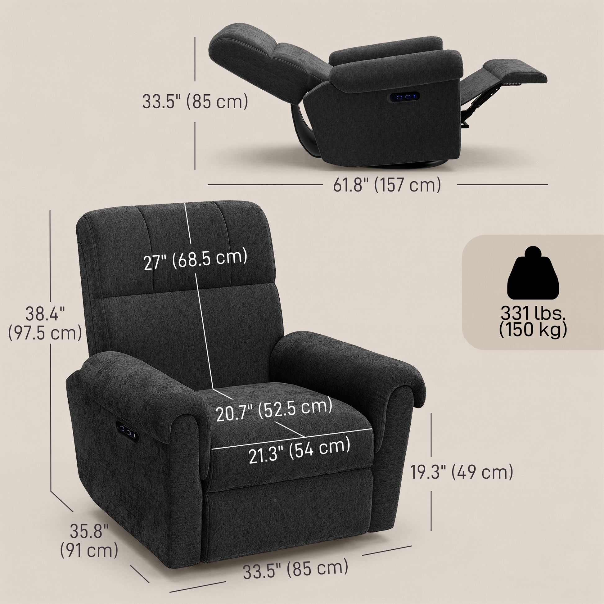 Power Recliner Chair, Fabric Upholstered Recliner Chair with USB Ports, Swivel and Rocking Function, Footrest, Black