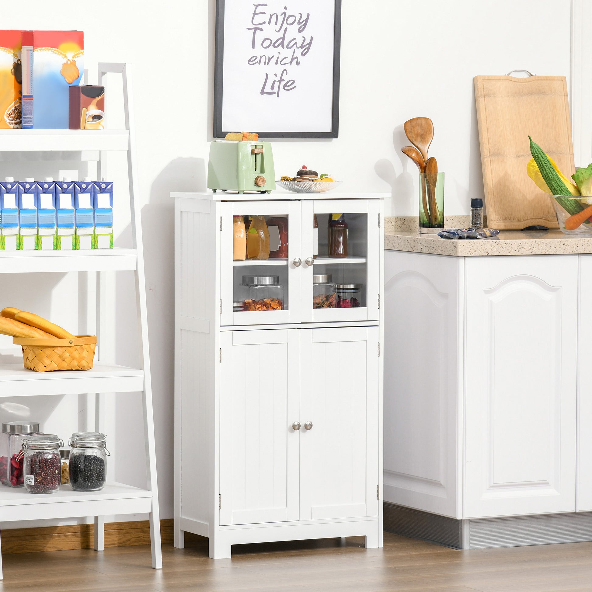 Bathroom Floor Storage Cabinet with Tempered Glass Doors and Adjustable Shelf, Kitchen Cupboard, Free Standing Organizer