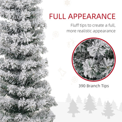 5ft Flocked Christmas Tree, Pencil Christmas Tree with Realistic Branch Tips, Folding Metal Stand, Green