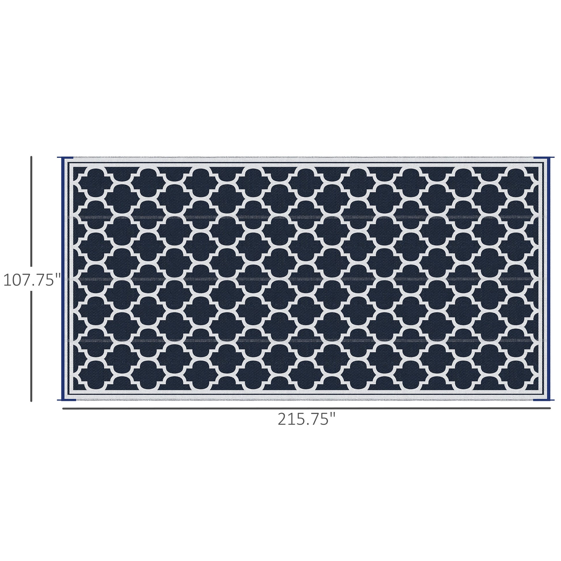 Reversible Outdoor RV Rug, 9' x 18' Patio Floor Mat, Plastic Straw Rug, Dark Blue and White